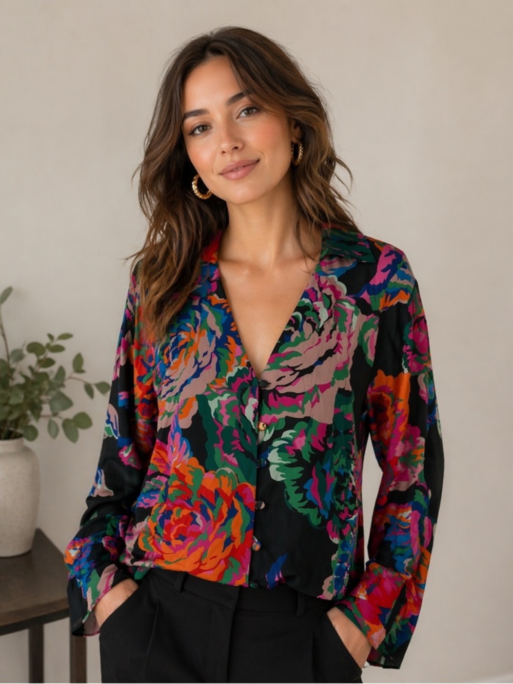 Zara Women’s L Bold Floral Print Long Sleeve Blouse 100% Viscose Artsy Boho Top